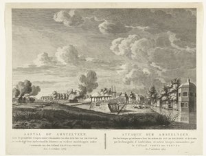 Preussiske tropper angriper Amstelveen, som forsvares av Amsterdam-bueskyttere 1. oktober 1787 Angrep på Amstelveen ... den 1. oktober 1787 (tittel på objekt) Attaque sur Amstelveen ... le 1er. oktober 1787 (tittel på objekt) av Cornelis Brouwer