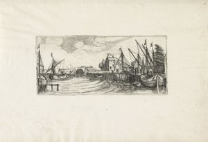 Utsikt over en havn med sluse Landskap (serietittel) av Cornelis Claesz van Wieringen (possibly)