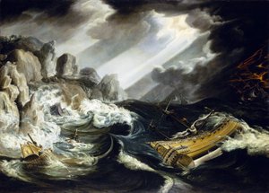 Skipsvraket til skipet «Amsterdam», to skip som krasjer mot steiner på åpent hav under en storm.