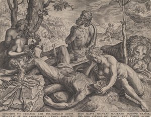 Adam og Eva klager over Abels død, 1564. av Cornelis Cort