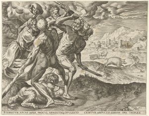 Hercules dreper Geryon og hunden hans Labours of Hercules (serietittel) av Cornelis Cort