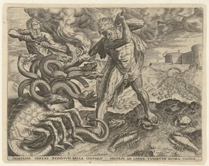 Hercules erobrer hydraen til Lerna Labours of Hercules (serietittel) av Cornelis Cort