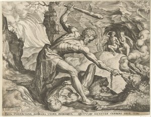 Herkules drar Cerberus ut av helvete Labours of Hercules (serietittel) av Cornelis Cort