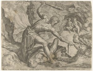 Herkules drar Cerberus ut av helvete Labours of Hercules (serietittel) av Cornelis Cort