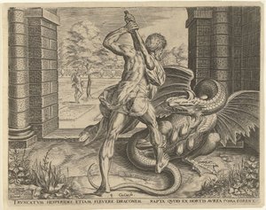 Herkules stjeler de gylne eplene til Hesperidene Labours of Hercules (serietittel) av Cornelis Cort
