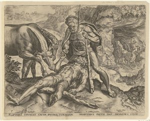 Hercules mater Diomedes til hestene sine Labours of Hercules (serietittel) av Cornelis Cort