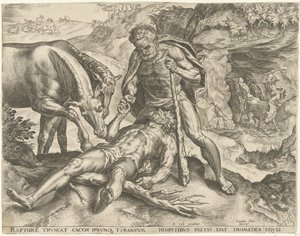 Hercules mater Diomedes til hestene sine Labours of Hercules (serietittel) av Cornelis Cort