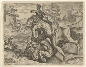Hercules Wrestling with Acheloüs Labours of Hercules (serietittel) av Cornelis Cort