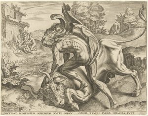 Hercules bryter med Achelous Labours of Hercules (serietittel) av Cornelis Cort