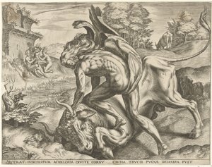 Hercules bryter med Achelous Labours of Hercules (serietittel) av Cornelis Cort
