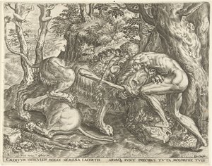Hercules kveler Nemean-løven Labours of Hercules (serietittel) av Cornelis Cort