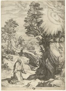 Landskap med visjonen til Saint Francis of Assisi av Cornelis Cort