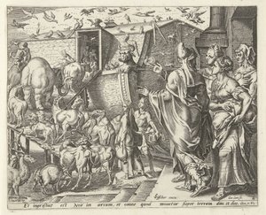 Noah går ombord i arken med familien sin og dyrene History of Noah (serietittel) av Cornelis Cort
