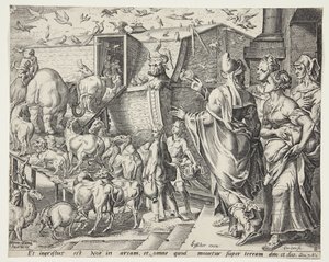 Noah, familien hans og dyrene som går ombord i arken