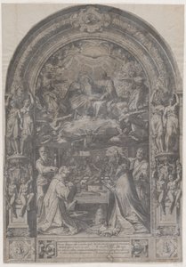 Jomfruens kroning med St. Lawrence, St. Paul, St. Peter og St. Sixtus, 1576. av Cornelis Cort