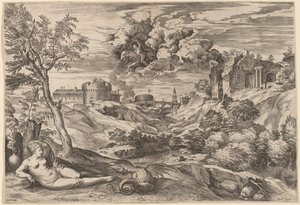 Landskap med Roger Liberating Angelica av Cornelis Cort after Titian