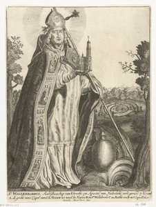 Saint Willibrord som erkebiskop med kirkemodell av Dom i Utrecht St. Willebrord (tittel på objekt) av Cornelis Danckerts (I)