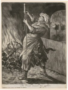 En kvinne tenner en lysrakett, blad 5 fra serien «Allmenn glede over beleiringen av Namur ved Vilhelm III, 1695» av Cornelis Dusart
