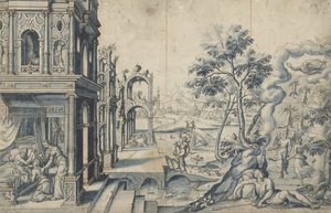 Jakob mottar Isaks velsignelse; Jakobs stige av Cornelis Floris (II)