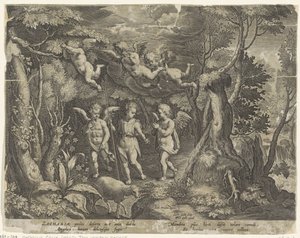 Døperen Johannes blir akkompagnert av engler når han går inn i døperen Johannes ørkenliv (serietittel) av Cornelis Galle (I)