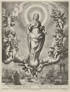 Maria på en jordklode, omgitt av engler av Cornelis Galle (I)