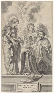 En ukjent helgen (Ignatius av Loyola?) kneler foran Maria med barn av Cornelis Galle (II)