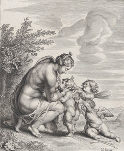 Venus som ammer tre amoriner i et landskap, ca. 1627-78. av Cornelis Galle II
