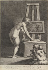 Bilde: allegori av maleri, med en naken kvinne i midten som maler pigmenter, to p..., ca. 1610-50.