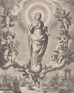 Jomfruen i herlighet, stående på skyer og omgitt av engler som holder symbolene ..., 1595-1633.