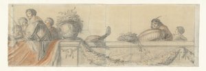 Folk på en balustrade med festonger Design for veggmalerier i Honselaersdijk Castle (serietittel) av Cornelis Holsteyn