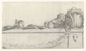 Folk på en balustrade med festonger Design for veggmalerier i Honselaersdijk Castle (serietittel) av Cornelis Holsteyn