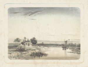 Elvelandskap med hus og seilbåt Seks landskap (serietittel) av Cornelis Jan Bolt
