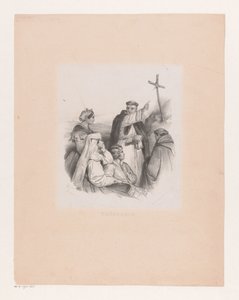 Selskap og munker ved et kors Théologie (tittel på objekt) av Cornelis Kruseman