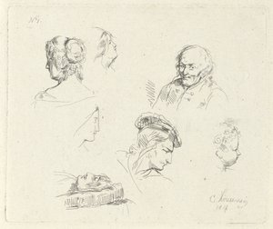 Studieark med ulike overskrifter av Cornelis Kruseman
