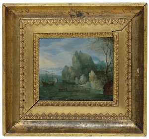 Et steinete kystlandskap med figurer i kysten og en fortøyd bysse (olje på kobber) av Cornelis Liefrinck