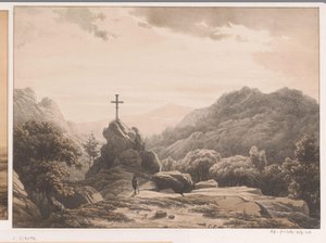 Fjelllandskap med kors på en stein