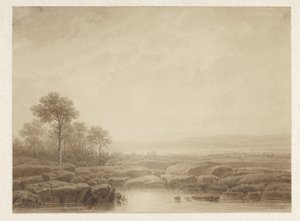 Landskap med steiner ved vann