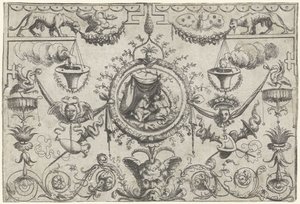 Ornament med tre skikkelser som kneler under et klede av Cornelis Massijs (attributed to)