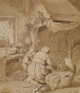 Farmhouse Parlor with Farmer, Cradle and Child, ca. 1654 (penn og blekk og pensel over blyant på papir)