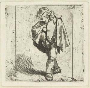 Stående mann med høyre hånd på brystet stukket inn i kappen av Cornelis Pietersz. Bega