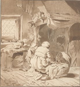 Våningshus interiør med to kvinner av Cornelis Ploos van Amstel (signed by artist)