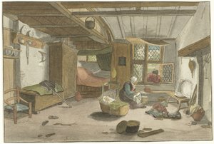 Interiør med kvinne ved barneseng av Cornelis Ploos van Amstel (signed by artist)