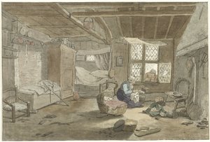 Interiør med kvinne ved barneseng av Cornelis Ploos van Amstel (signed by artist)