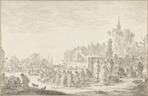 fiskemarked av Cornelis Ploos van Amstel (signed by artist)