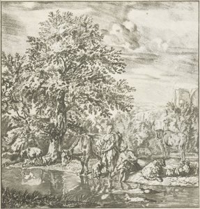 Hyrde og gjeterinne med flokk ved en elv Trykkverk (serietittel) av Cornelis Ploos van Amstel