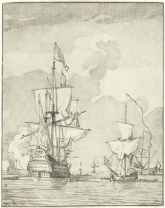 Krigsskip avfyrer et skudd av Cornelis Ploos van Amstel