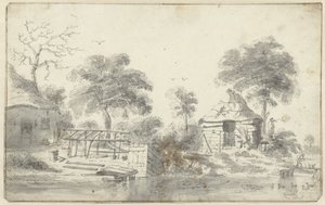 Gård med låve på vannet av Cornelis Saftleven