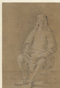 Sittende mann med en bolle på fanget av Cornelis Saftleven