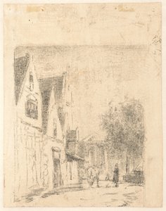 Utsikt over en gate med en hest og en mann av Cornelis Springer