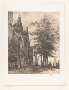 Folk foran Markedskirken på Hameln Hamelin (tittel på objekt) av Cornelis Springer